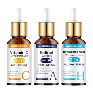 3 piece day and night anti aging and skin brightening face serum trio set with droppers